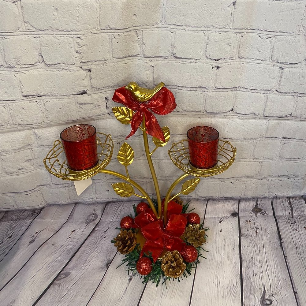 Christmas cardinal bird Pine Cone Centerpiece Candle Holder GOLD RED